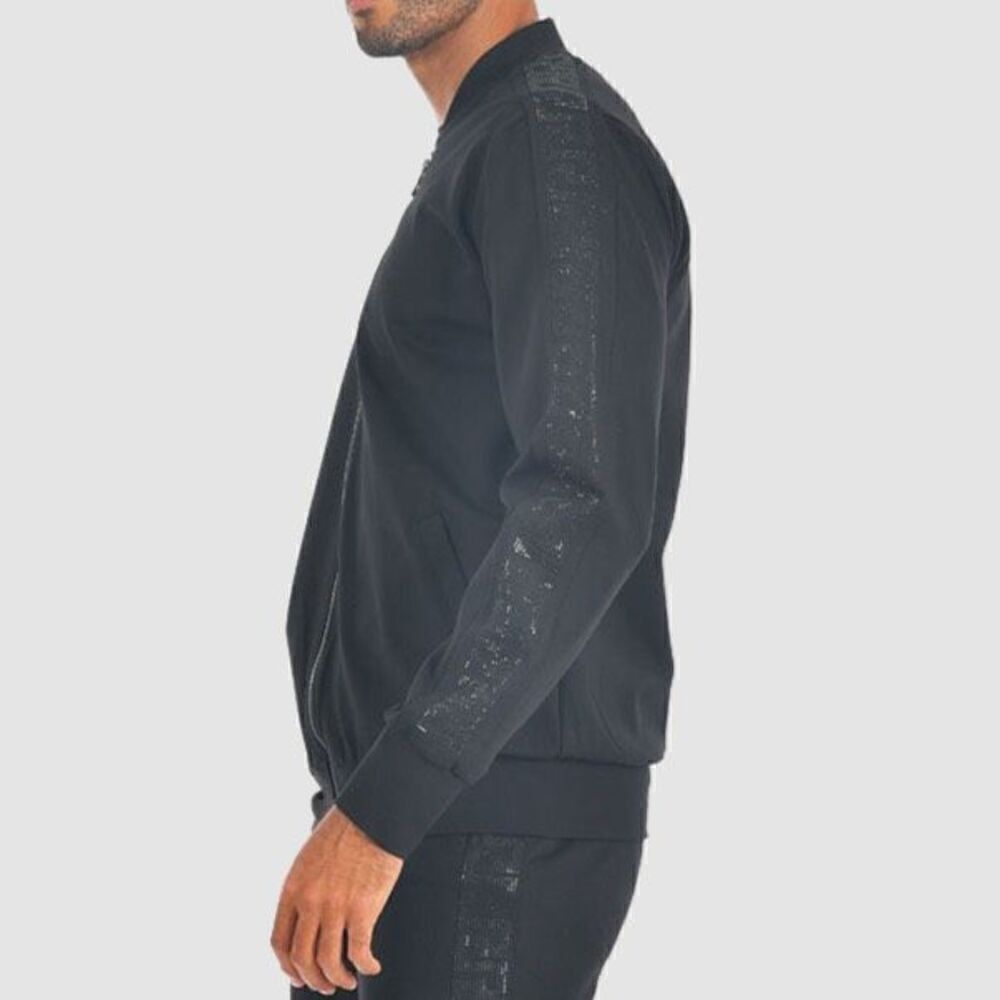 Barabas Men’s Black Greek Fret Monochromatic Rhinestone Tuxedo Sleeve Stripe Zip